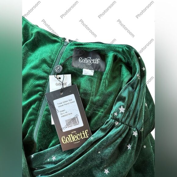 Collectif Trixie Rich Emerald Green Velvet Pencil Dress - L US14 UK10 - Picture 5 of 6